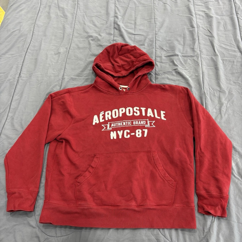 Vintage Aeropostale Red NYC Aero Hoodie Sweatshirt XL Patchwork Logo Waffle Y2K
